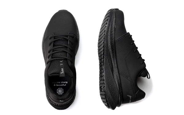 Black athletic work shoes shown from the side  and top on a white background