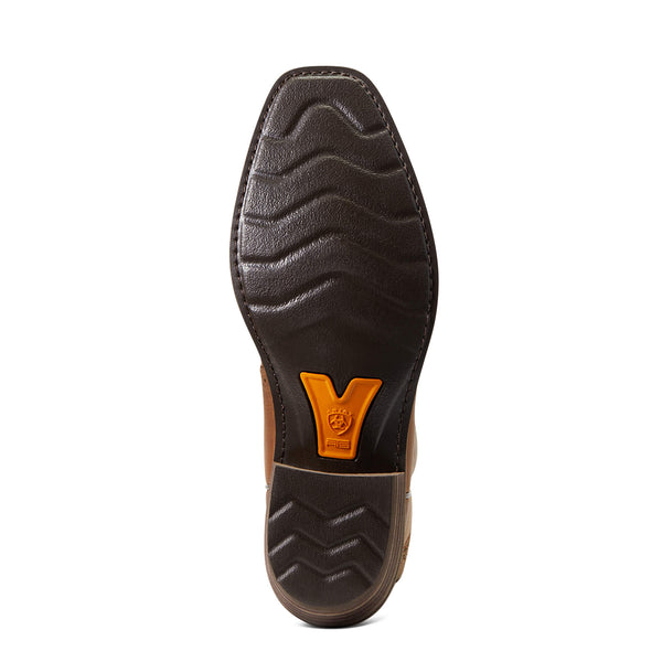 Black and orange sole of mens Square Toe western boot with ariat logo