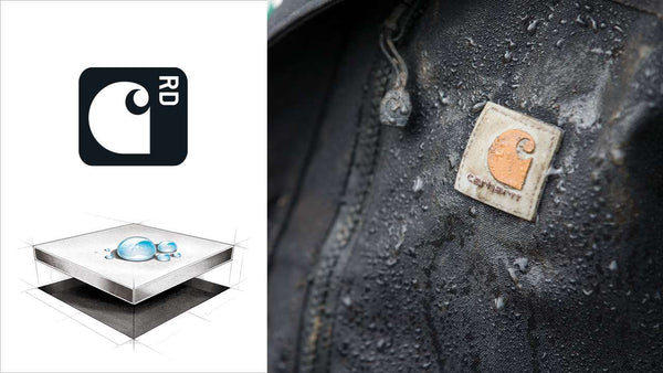 close up view of caarhartt logo covered with water drops and rain defender symbol (see product description for details)