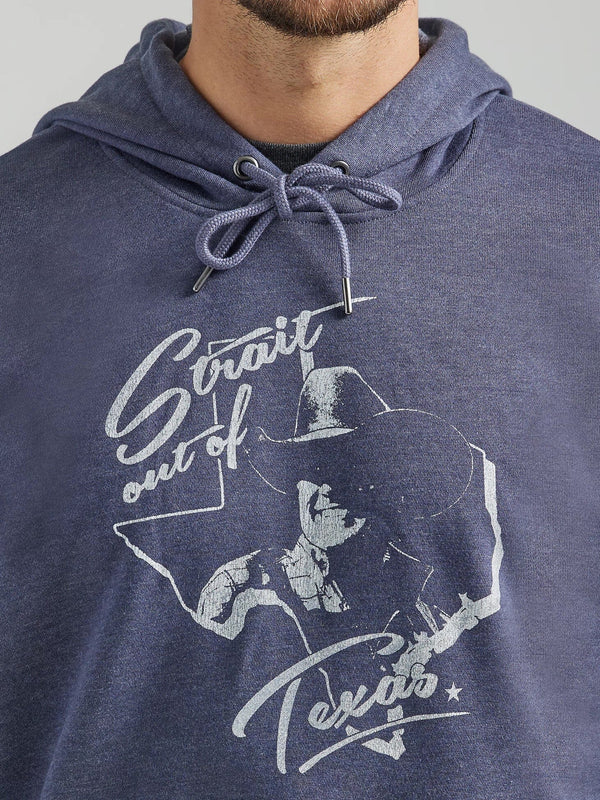 close up of blue hoodie with image of Texas and George Strait outline and text that reads "Strait out of Texas"