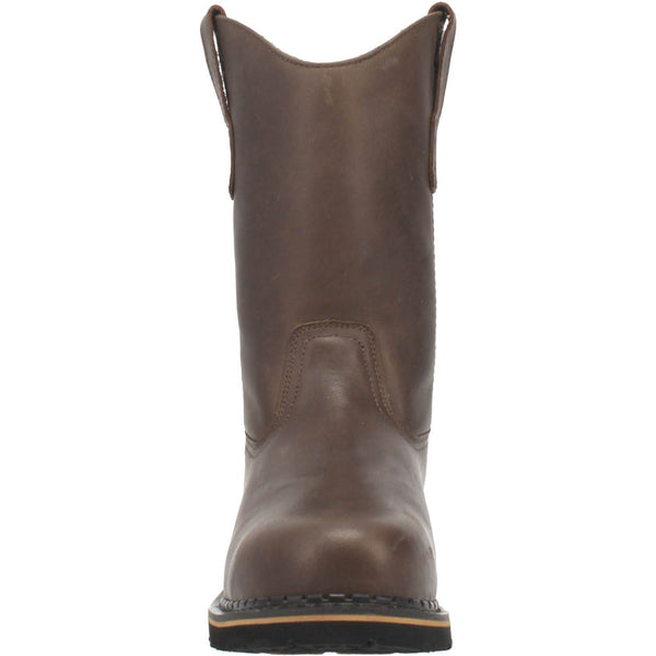 front of dark brown pull on boot with black sole