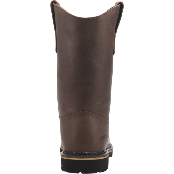 back of dark brown pull on boot with black sole