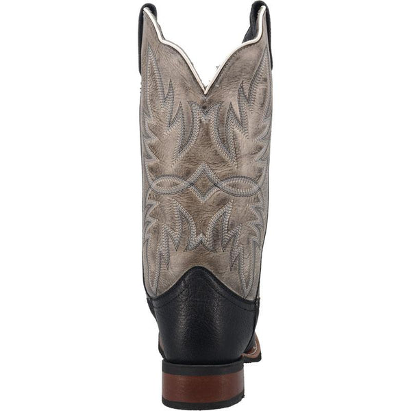 back of cowboy boot with distressed brown shaft and black vamp. white and black embroidery