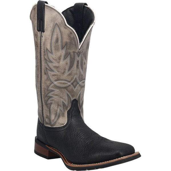 cowboy boot with distressed brown shaft and black vamp. white and black embroidery
