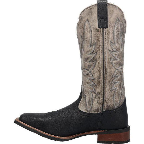 alternate side of cowboy boot with distressed brown shaft and black vamp. white and black embroidery
