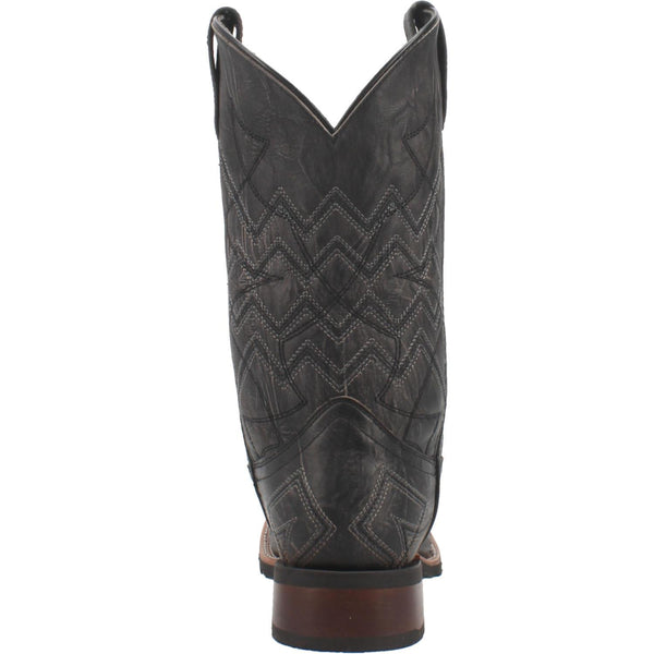 back of black cowboy boot with black and white embroidery 