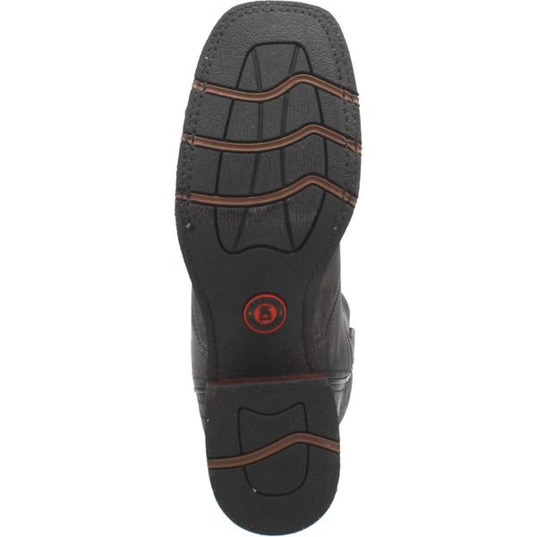 black sole with brown accents and black and red logo in center