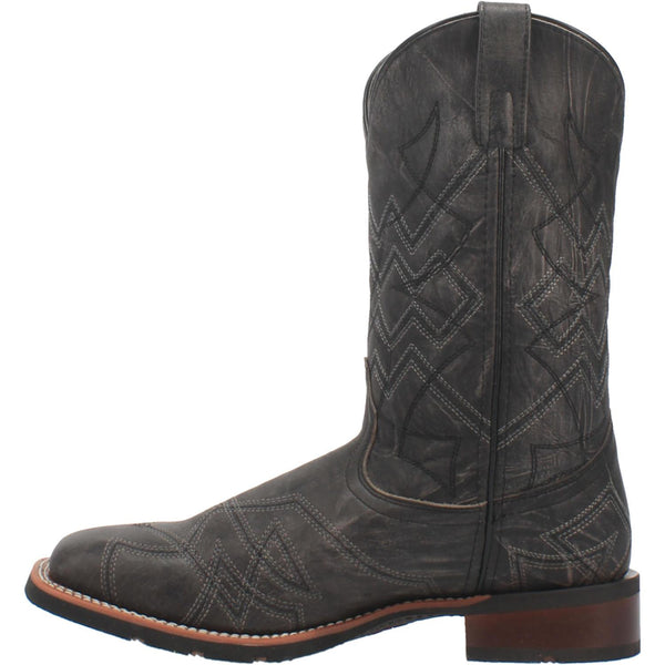 alternate side of black cowboy boot with black and white embroidery