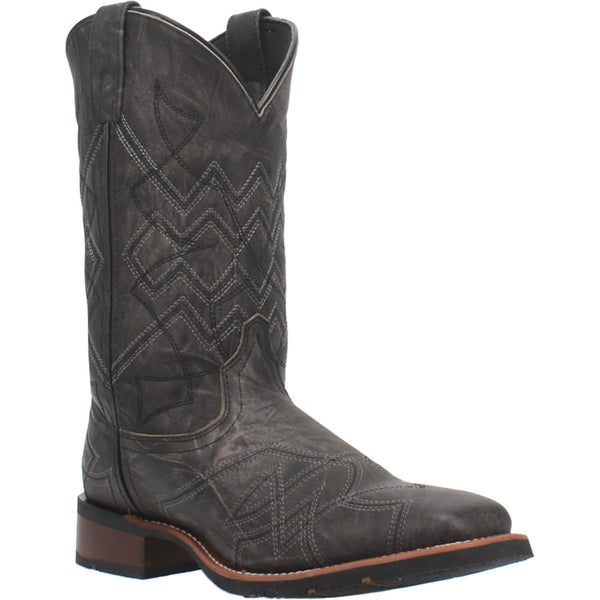 black cowboy boot with black and white embroidery