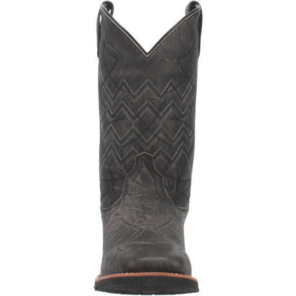 front of black cowboy boot with black and white embroidery