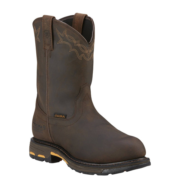 high top work boots with light brown embroidery