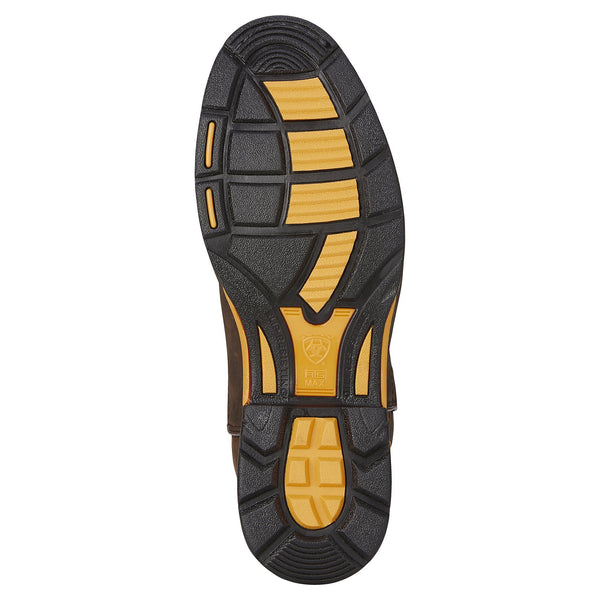 black and yellow sole on a work boot