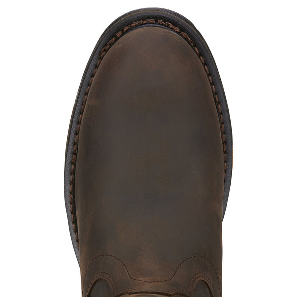 rounded toe on dark brown work boot