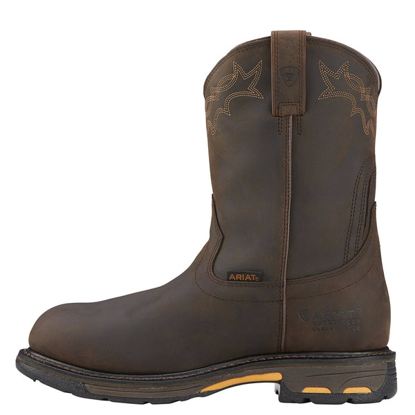 side view of high dark brown work boot with dark brown embroidery