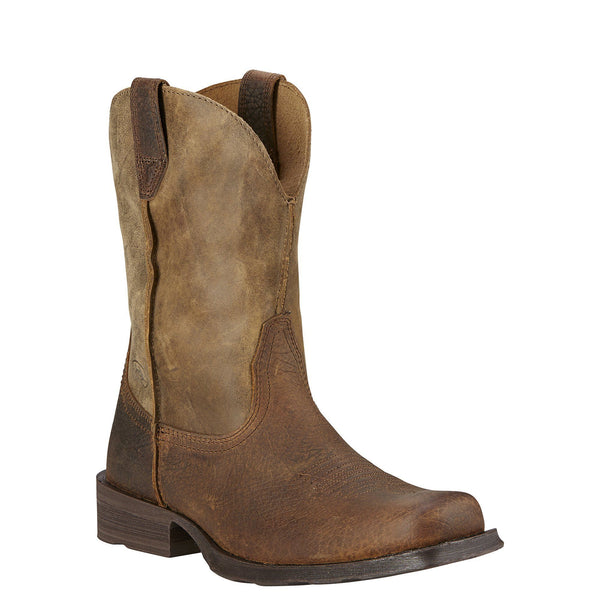 cowboy boot with a distressed light brown shaft and a darker brown vamp