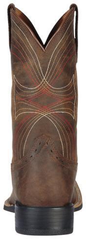 back view of cowboy boot with crisscrossed red, orange, white, and light brown embroidery