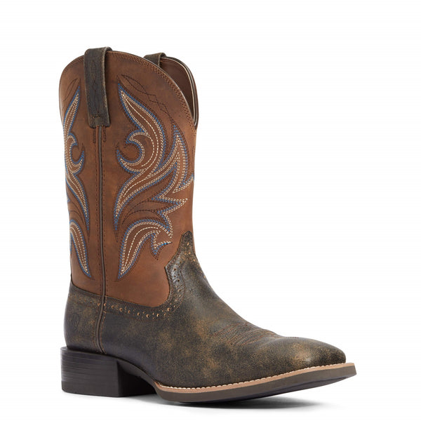 Two toned brown and black cowboy boots with white and blue embroidery 