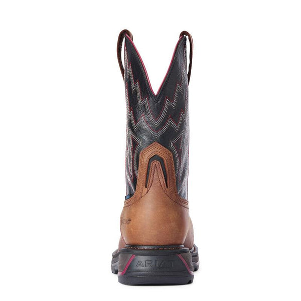 black view of two toned cowboy boot with a black shaft with white and red embroidery and brown vamp