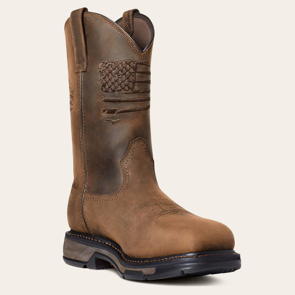 Brown distressed western work boot with a rugged American flag embroidered across the shaft
