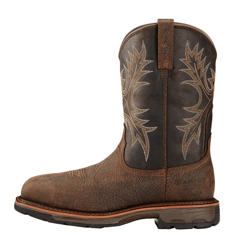 side view of cowboy boot with a black shaft with light brown embroidery and a brown vamp with a square toe