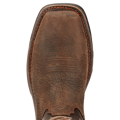 top view of a square toe of a brown cowboy boot 