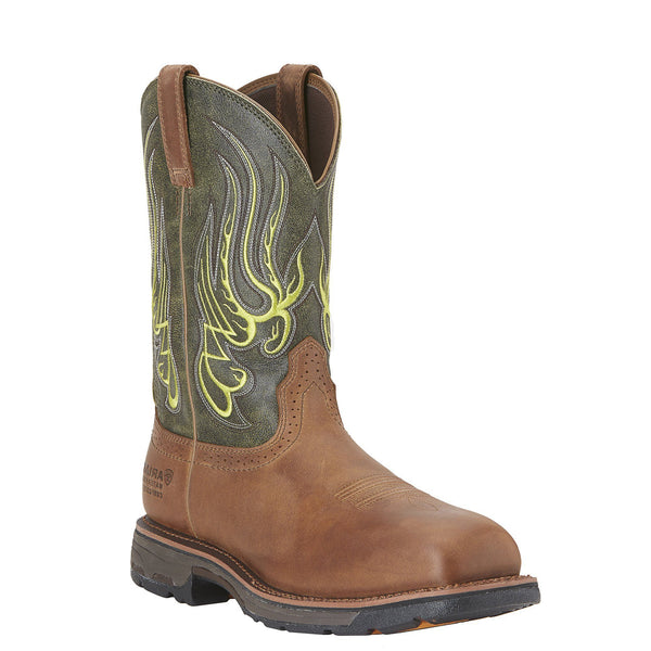 cowboy boot with green distressed shaft and lime green fire-like embroidery and a brown vamp