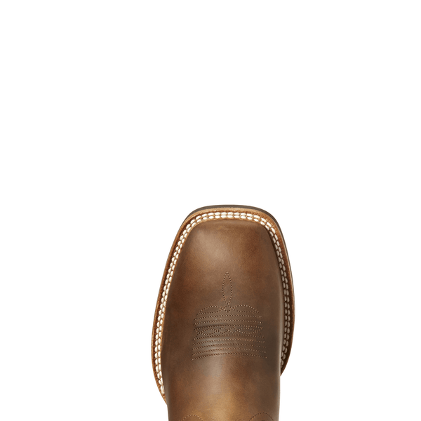 square toe of light brown cowboy boot