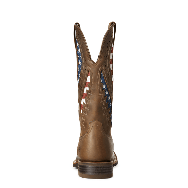 back view of high top brown cowboy boot with American flag inlays and light brown embroidery