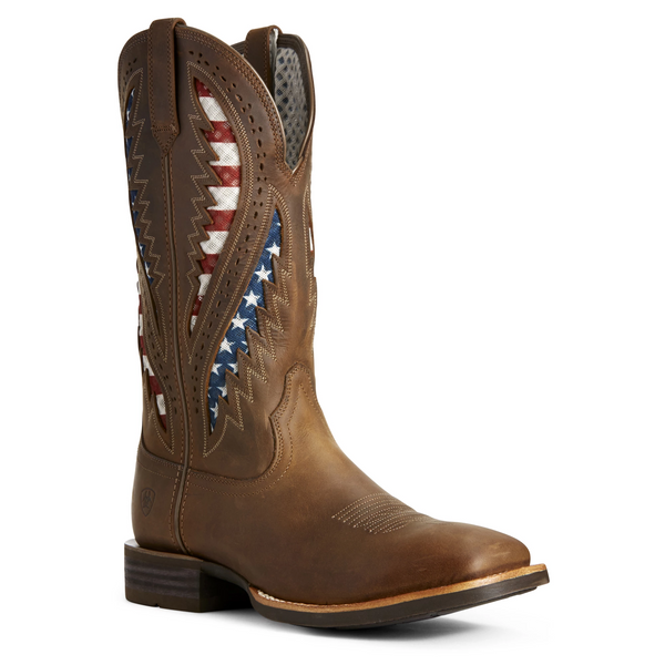 high top brown cowboy boot with American flag inlays and light brown embroidery