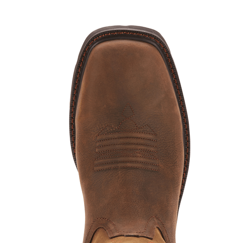 square toe of a brown cowboy boot