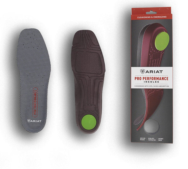 grey and red insoles with Ariat logo on heel and green dot, next to product box