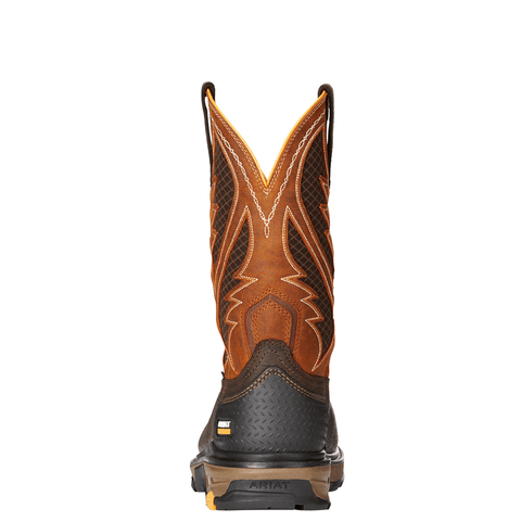 back view of cowboy style work boot with patterned inlays and white embroidery with brown shaft and dark brown vamp