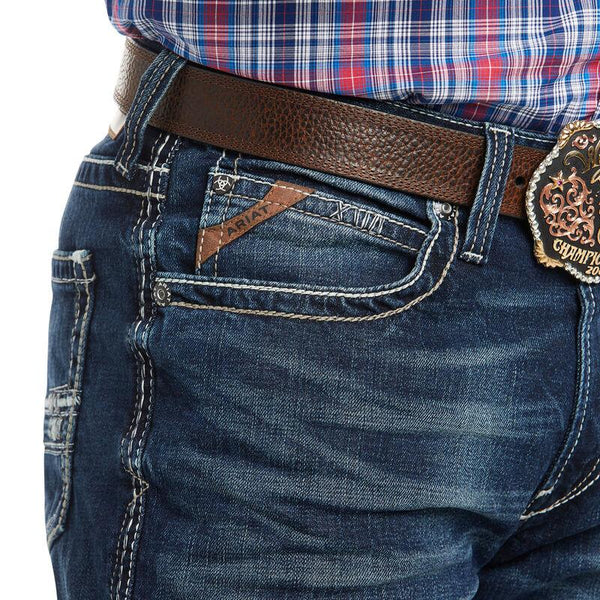 front pocket view of man wearing blue jeans and a plaid shirt