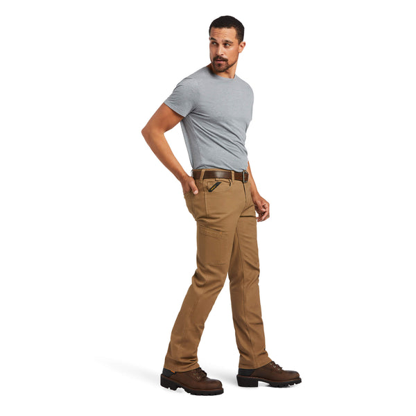 full body view of man wearing khaki work pants with brown belt and boots