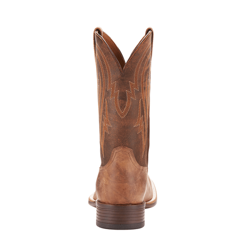 back view of high top light brown cowboy boot with brown embroidery