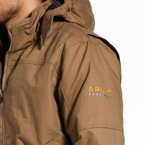 shoulder view of man wearing a brown insulated coat