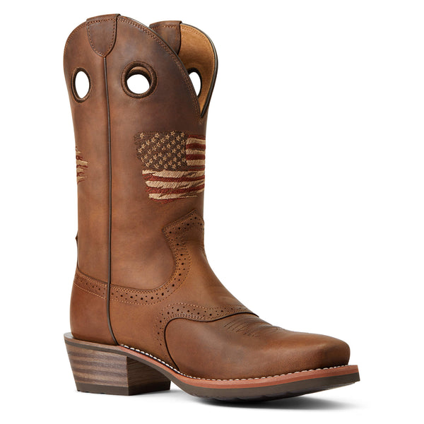 right side view of distressed brown pull on western boot with embroidered rustic American flag and square toe