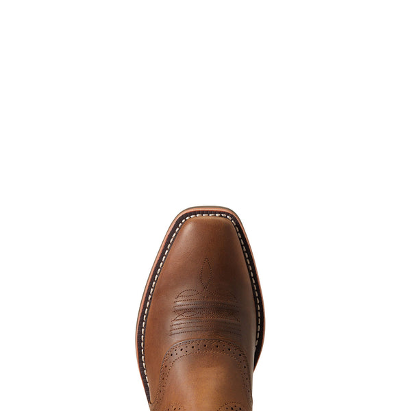 top view of distressed brown western boot square toe with brown and white stitching detail