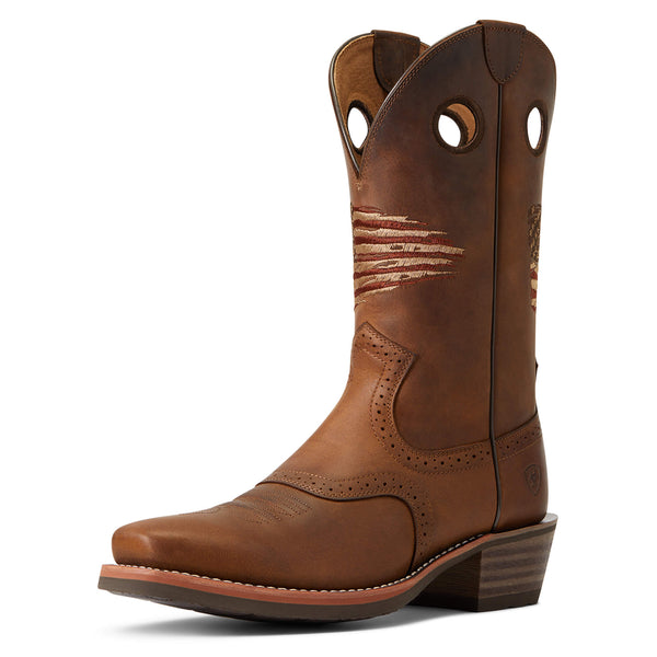 left side view of distressed brown pull on western boot with embroidered rustic American flag and square toe