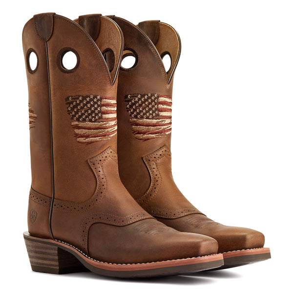 distressed brown pull on western boot with embroidered rustic American flag on front shaft