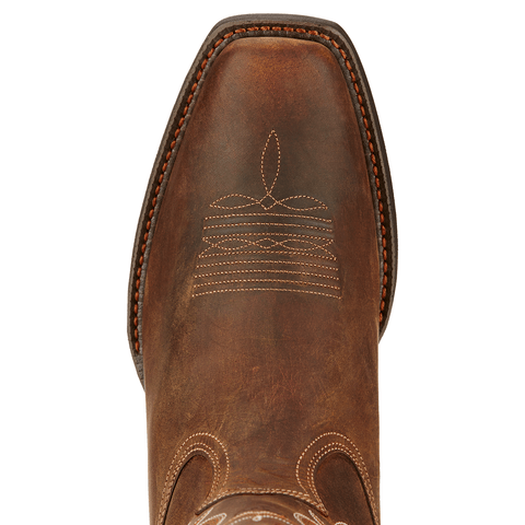 top view of square toe on a brown cowboy boot