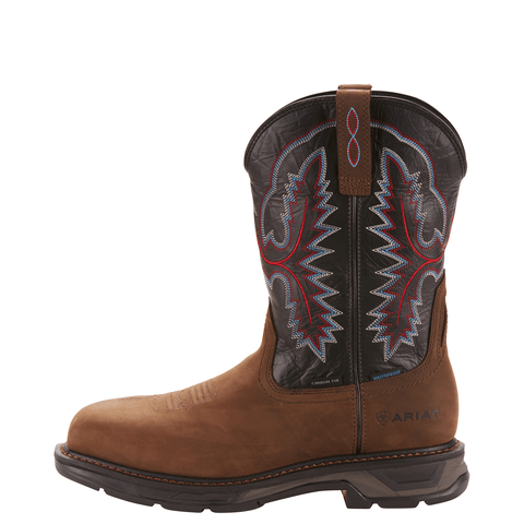 side view of cowboy boot with black shaft with red and white embroidery and brown vamp