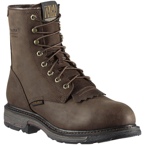 high top dark brown work boot with black sole