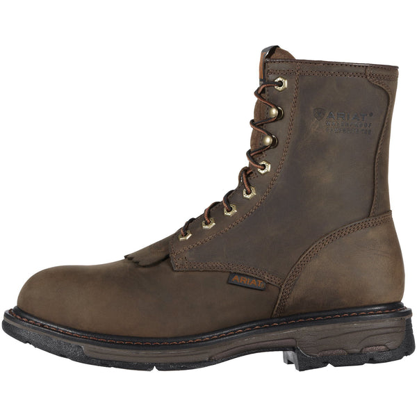 side view of high top dark brown work boot with black sole