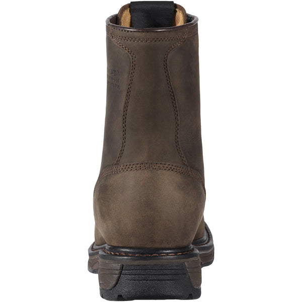 back view of high top dark brown work boot with black sole 