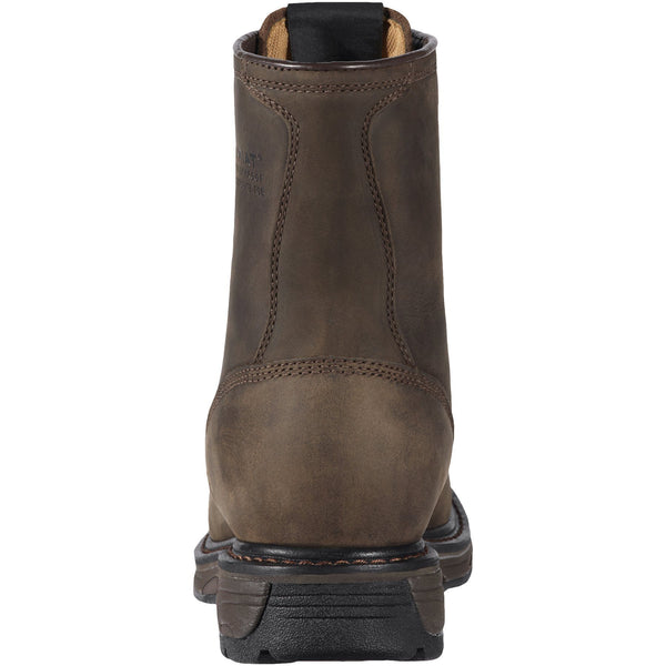 back view of high top dark brown work boot with black sole