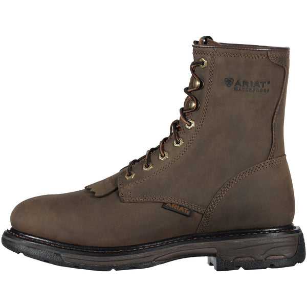 side view of high top dark brown work boot with black sole