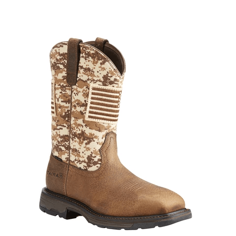 pull on work boot with desert camo and American flag embroidery 