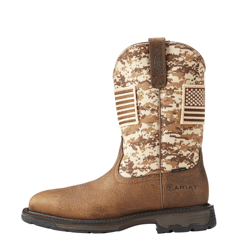 side view of pull on work boot with desert camo and American flag embroidery