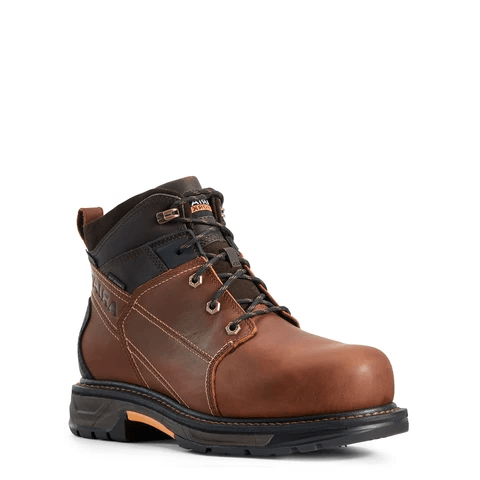 mid rise tan work boot with black accent and dark brown sole